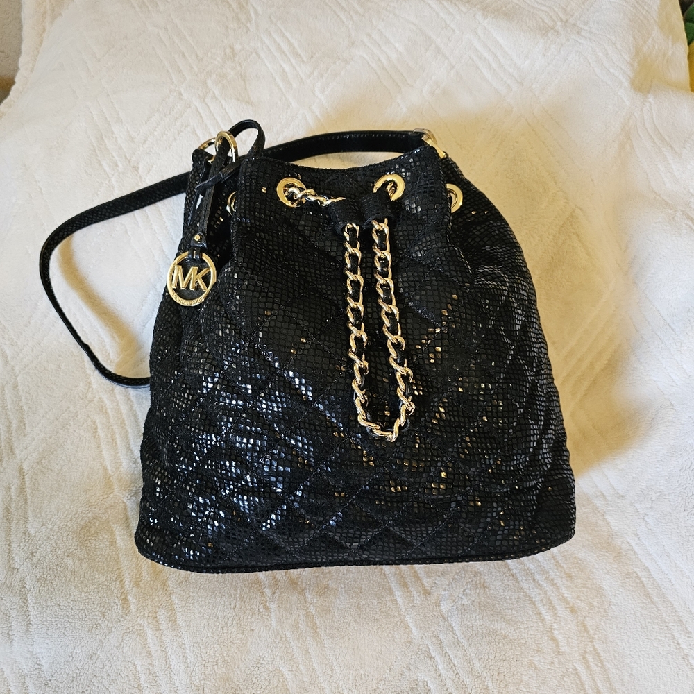Michael Kors Black Quilted Drawstring Snake Embossed Bag Black ⚫